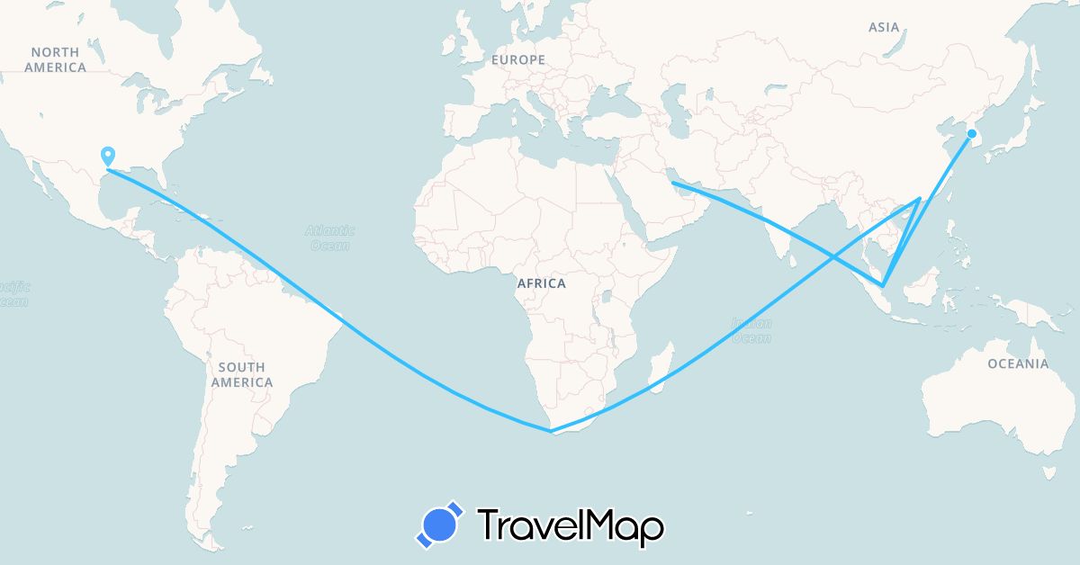 TravelMap itinerary: driving, boat in China, South Korea, Saudi Arabia, Singapore, United States, South Africa (Africa, Asia, North America)